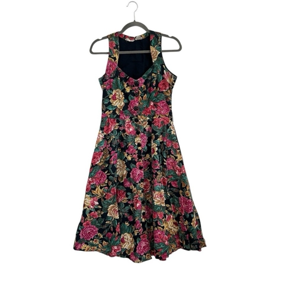 Vintage 90s Floral Button Front Dress Starina Medium Black Fit Flare Cottagecore